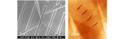 ナノ電気計測（左）とナノサイズの溝加工　画像