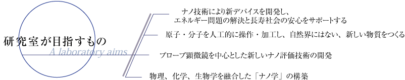 研究室が目指すもの　長寿社会の安心のサポート・ナノ評価技術の開発・ナノ学の構築